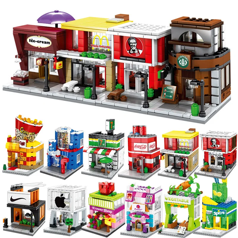 

Compatible LegoINGly Bricks City Building Toys Double Storey Shop Cake Cinema Ice Cream Drink Pizza Store Blocks Figures