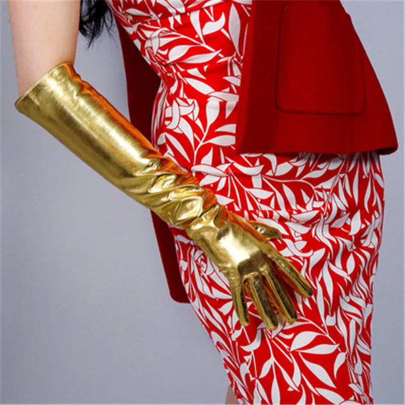 Новинка, лакированные кожаные перчатки длиной 28 см, сохраняющие тепло, женские кожаные перчатки, зеркальные, яркие, золотые, женские, WPU19 - Цвет: 50cm Gold