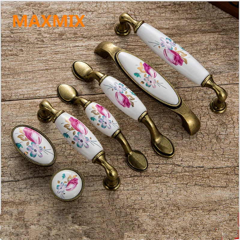 

MAXMIX 1PCS Vintage Ceramic Cabinet Knobs and Handles China Flower Furniture Hardware Handle & Knob drawer door handle