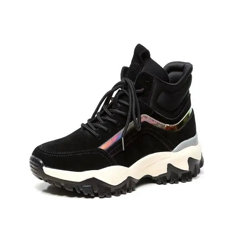 

2018 autumn and winter new leather women's shoes thick round round head color matching plus velvet casual shoes wild cotton boot