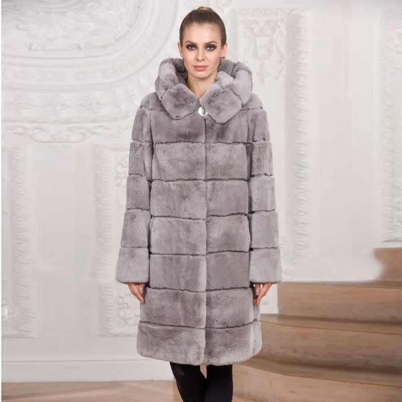 Тонкое длинное пальто с натуральным мехом, натуральный мех кролика Рекс, женская верхняя одежда, кроличий мех, куртки с капюшоном, женская зимняя одежда - Цвет: Grey