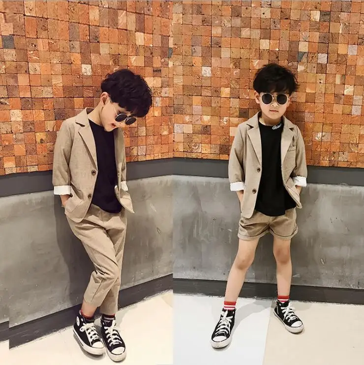 

Children's suit suit spring suit 2019 new Korean version children's suit Plaid 2 T sets + a beach shorts