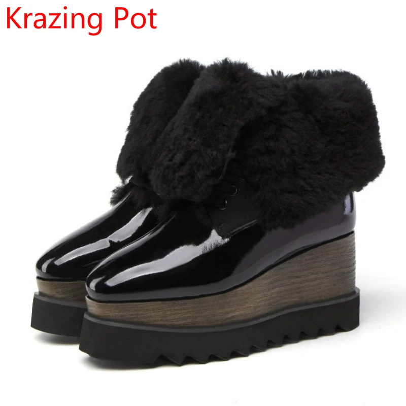 

2018 Superstar Fur Wedges Flat with Keep Warm Snow Boots for Women Square Toe Increased Runway Brand Lace Up Mid-calf Boots L99