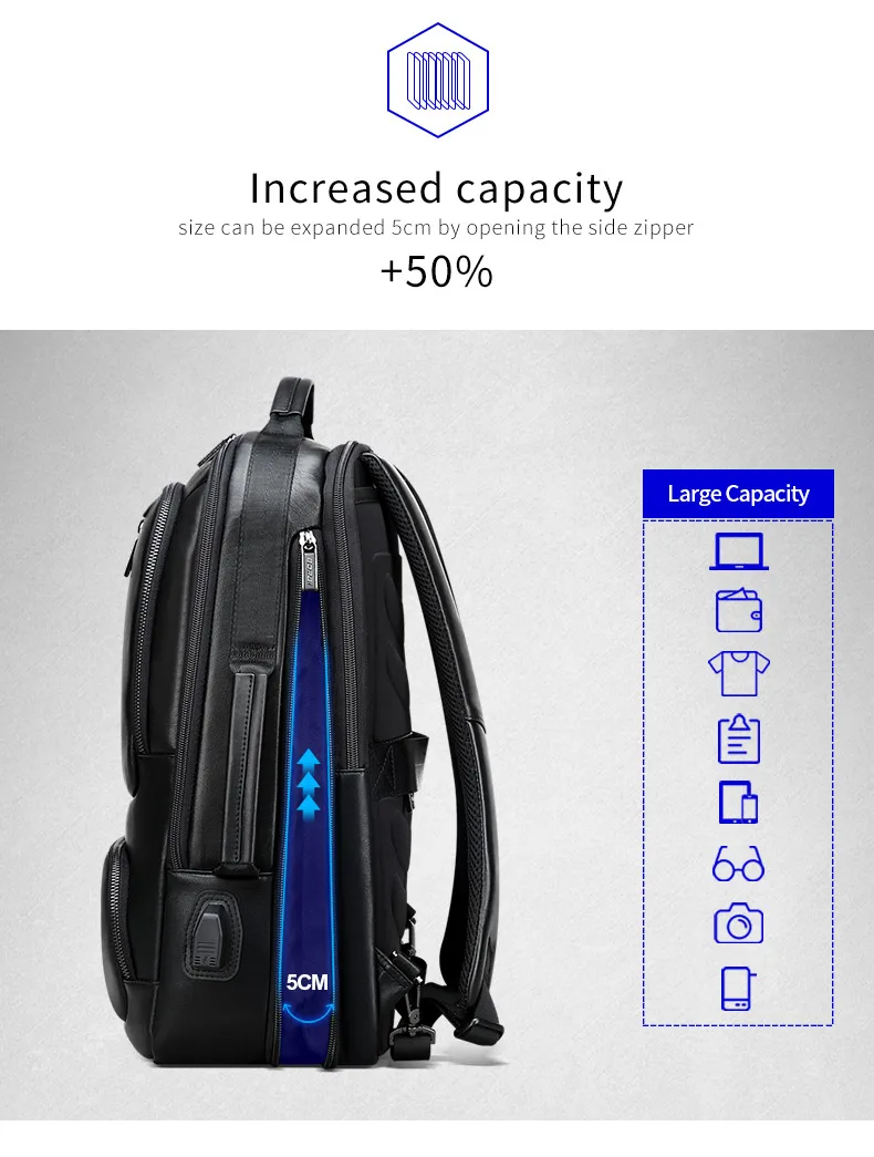 BOPAI Genuine Leather Backpack Men 15.6 Inch Laptop Backpack Real Leather  USB Charging Port Male Business Backpack Travel