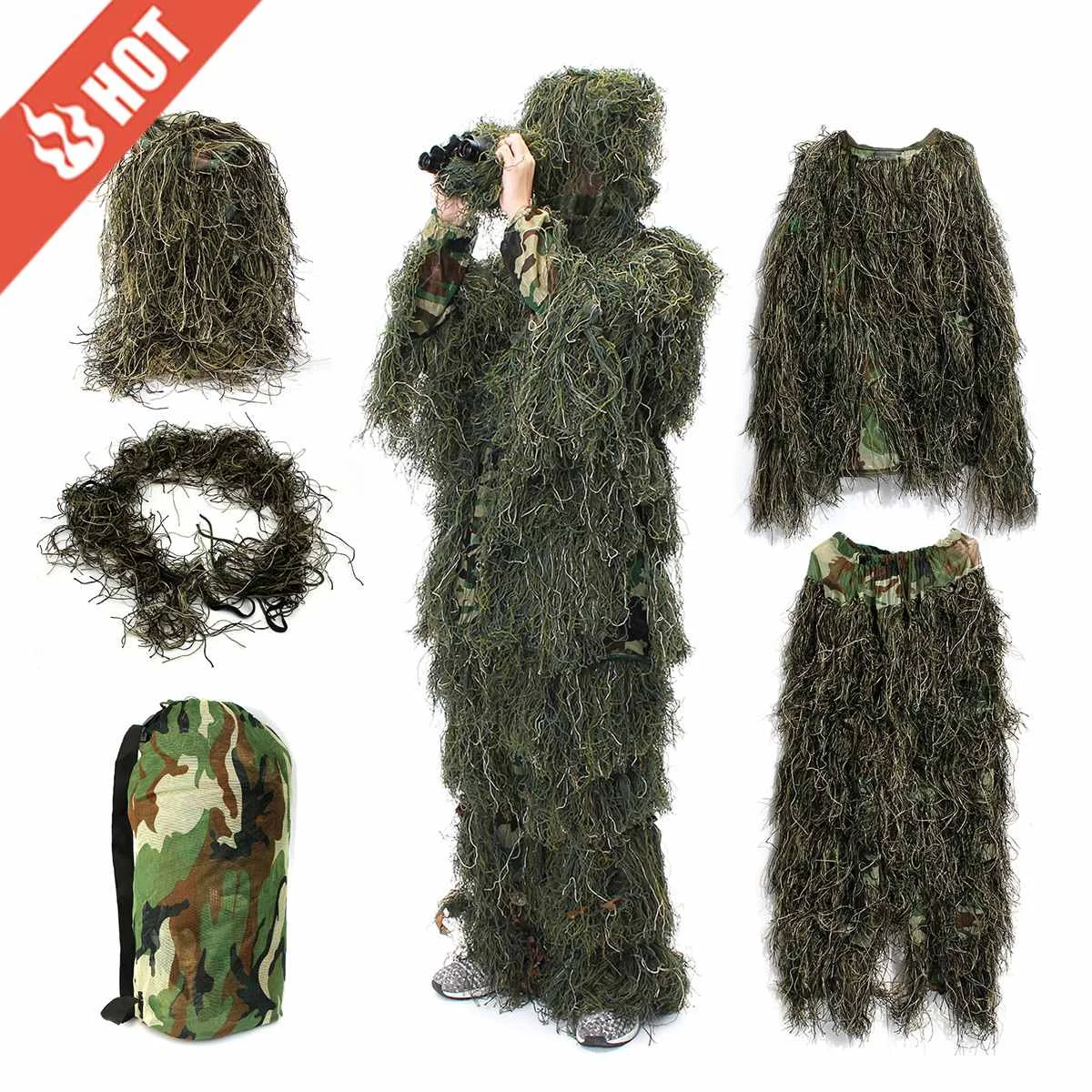 3D Универсальный Камуфляж Охота ghillie костюмы лесной одежды Регулируемая стрельба одежда для армии Военная тактическая снайпер