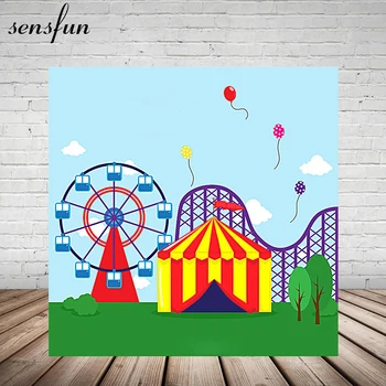 

Vinyl Sevilla Tent Playground Carousel Ferris wheel Circus Party Backdrop Green Grass Balloon Backgrounds For Photo Studio