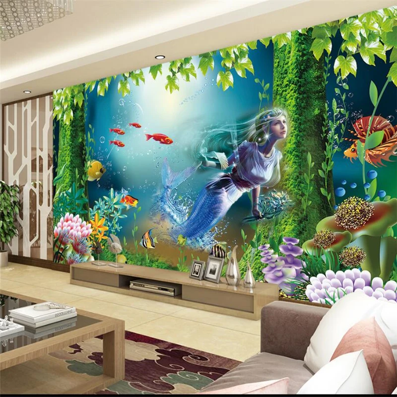 

beibehang Underwater World Mermaid 3D TV sofa backdrop Custom large mural green silk wallpaper papel de parede