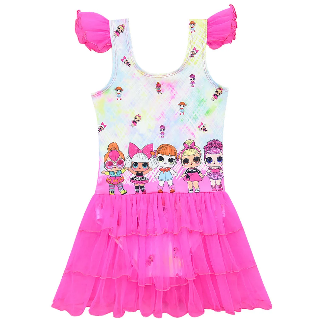 

2019 New LOL Dolls cartoon girl swimsuit children's mesh swimming dress Sleeveless Casual cake Dress girls conservative swimwear
