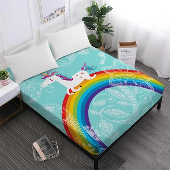 

Home Textile Cartoon Unicorn Bed Sheet Colorful Rainbow Fitted Sheet Flowers Print Mattress Cover Polyester Bedclothes