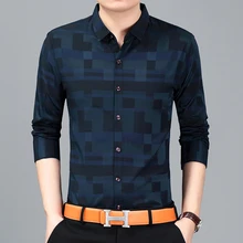 Весенняя и осенняя мужская шелковая хлопковая рубашка с длинными рукавами Повседневная рубашка для джентльмена, деловые рубашки с принтом для мужчин