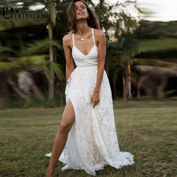

White Ivory Beach Lace Wedding Dresses with Slit Side Beaded Straps robe de mariee Long Backless Sexy Bridal Dress 2020