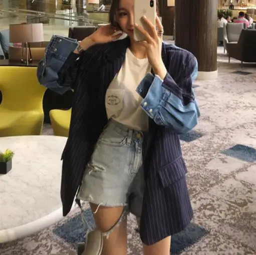 

Chic Patchwork Denim Striped Blazer Double Breasted Pockets Notched Jackets Women Casual Outerwear Female Blaser Tops 2019 LJ64