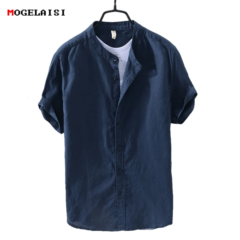 

MOGELAISI brand linen shirts men summer New short sleeve comfortable tops solid cotton linen man shirt flax clothing 740