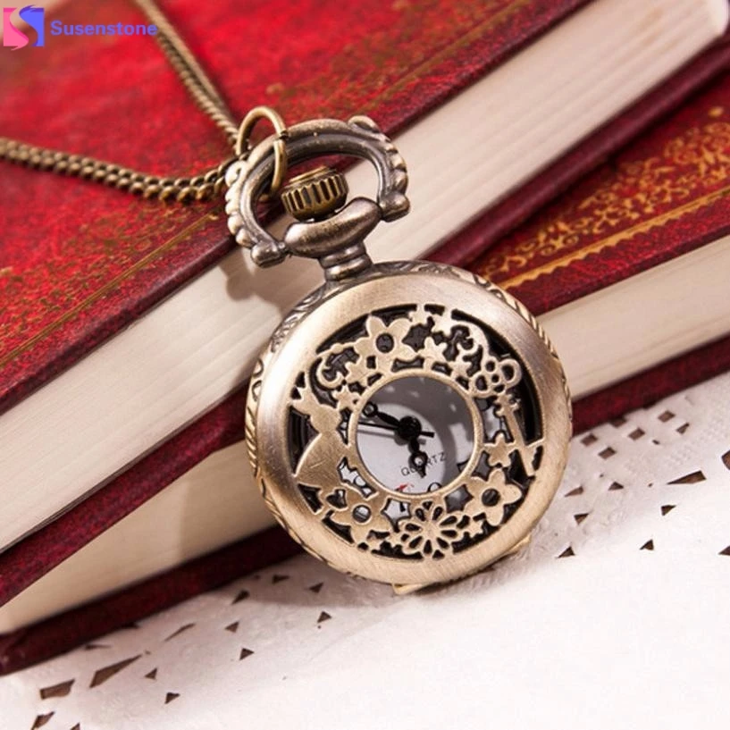 

SUSENSTONE Hot Fashion Vintage Retro Bronze Quartz Pocket Watch Pendant Chain Necklace #6-7