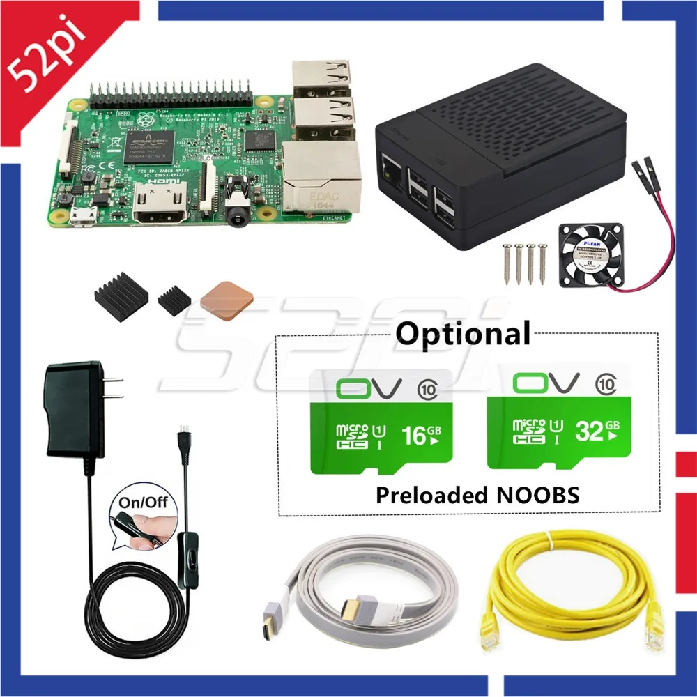 

52Pi Raspberry Pi 3 Model B Starter Kit with EU/US/UK Power+Case+Cooling Fan+32GB SD Card+HDMI+Copper Heatsinks
