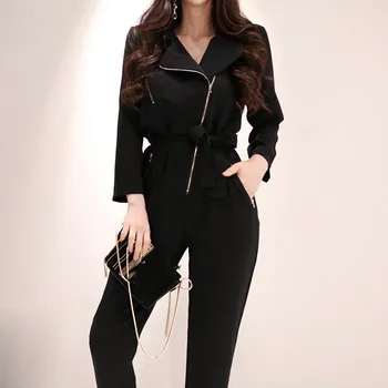 

2019 Fashion Notched Neck Zippers Women Jumpsuit Female Work Business Long Pant Jumpsuits Slim Waist Long Playsuit
