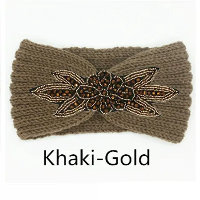 Блестящая бисерная вязаная шерстяная повязка на голову для женщин девочек цветок тюрбан ободки головной убор зимние наушники теплые аксессуары для волос - Цвет: Khaki-Gold