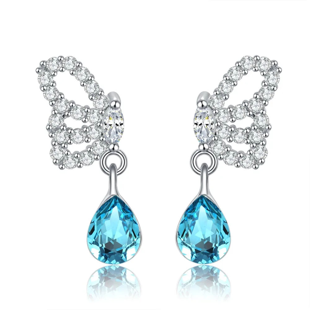 

Rinnt JEWELS Female Luxury Butterfly Earrings with Water Drop Blue Crystal Beautiful Zircon Earring for Women Engagement DOE103