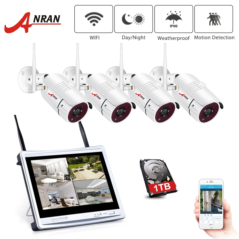 ANRAN 12Inch LCD Screen 1080P 4CH WIFI NVR Kit HD 2MP Outdoor WiFi IP Wireless Security Camera System Waterproof Video Recorder ANRAN 12Inch LCD Screen 1080P 4CH WIFI NVR Kit HD 2MP Outdoor WiFi IP Wireless Security Camera System Waterproof Video Recorder