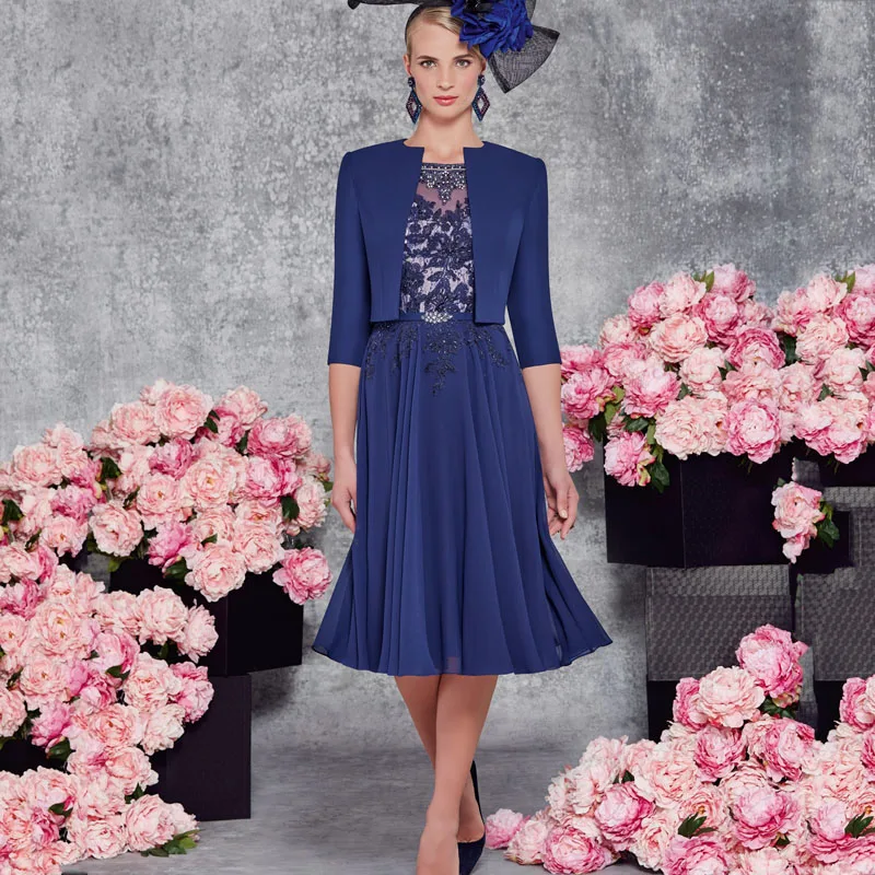 

2019 Royal Blue Knee-Length Chiffon Mother of the bride dresses Sleeveless With Jacket Beaded Evening dress Vestido mae da noiva