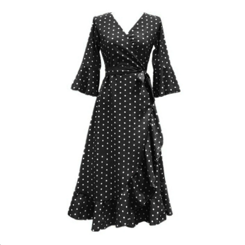 

PERHAPS U black wrap split ruffle sash polka dot print v neck 3/4 flare sleeve midi summer vintage beach casual dress D0191