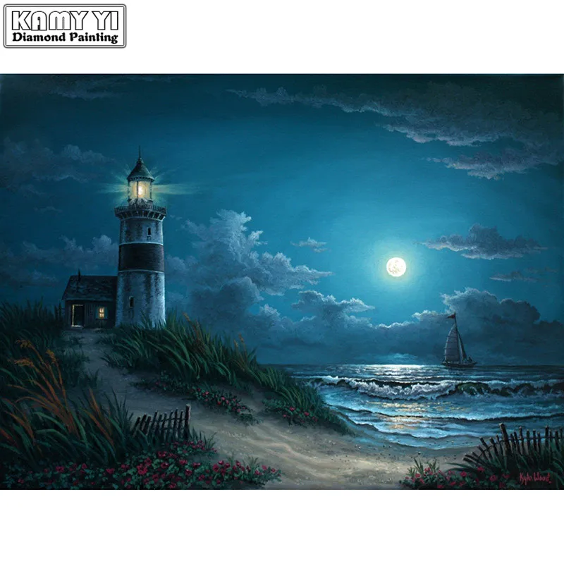 

Full Round Diamond mosaic Blue lighthouse Full Square Diamond painting 5D DIY Diamond embroidery Cross stitch