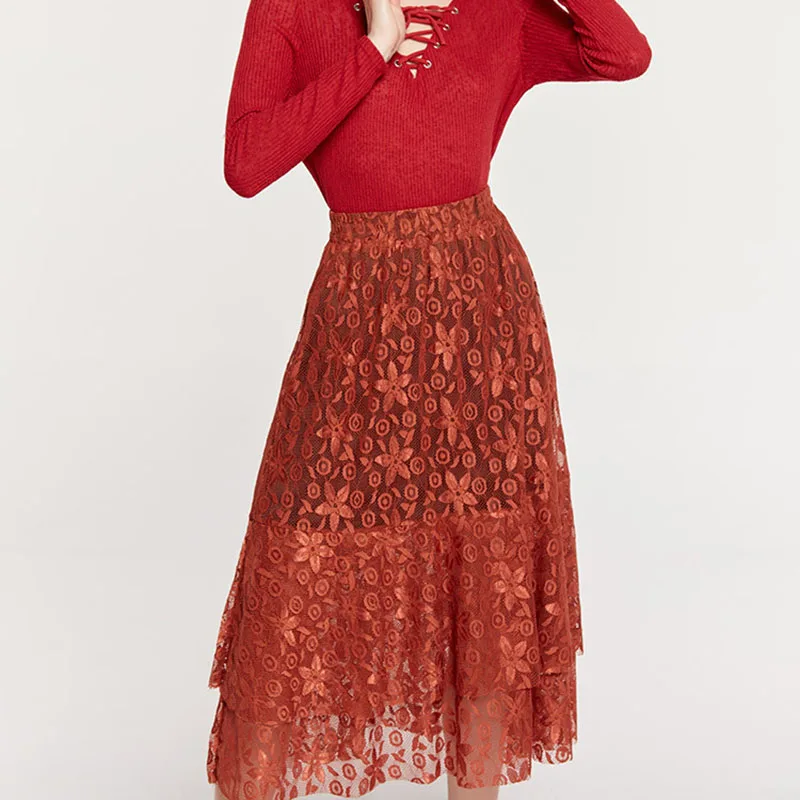 

2019 Summer New Lace Skirt Sweet Wind Stitching Irregular A-line Skirt Half-length Skirt Mid-Calf Natural Lace