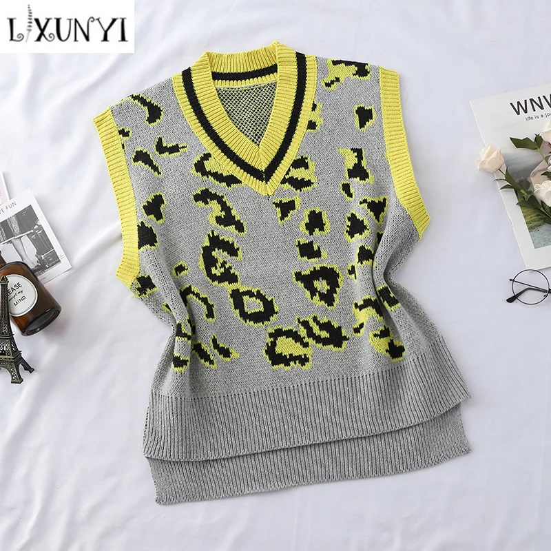 New Leopard Print Sweater Vest Women Sleeveless V Neck Womens Vests
