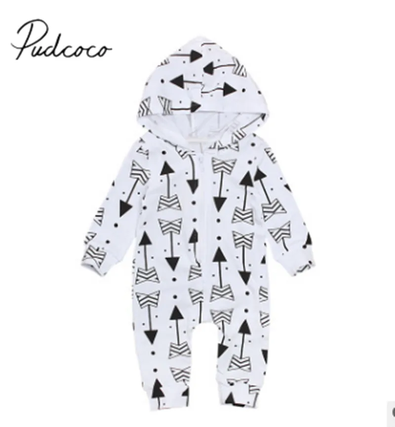 

2018 Brand New Newborn Infant Baby Girls Boys Arrow Romper Long Sleeve Zipper Hooded Arrow Print Jumpsuits Romper Outfit 0-24M