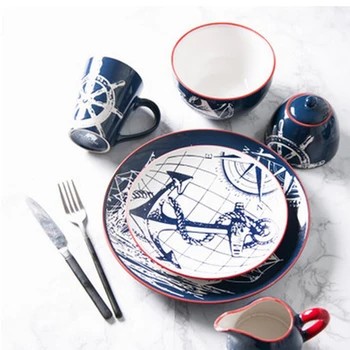 

Ceramic Plate Cutlery Set Steak Tray Milk Mug Soup Bowl Vajilla Hand-painted Blue Dish Sailboat Design Plate Dinnerware Set 1pcs