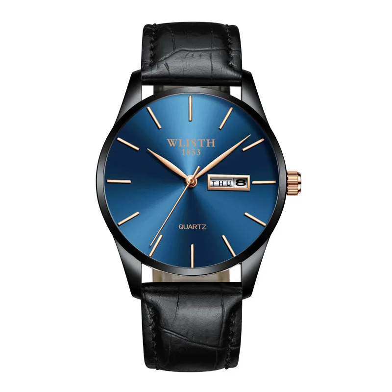 Мужские часы, роскошные брендовые тонкие водонепроницаемые часы из нержавеющей стали, Модные Аналоговые кварцевые деловые мужские наручные часы с календарем - Цвет: leather blue