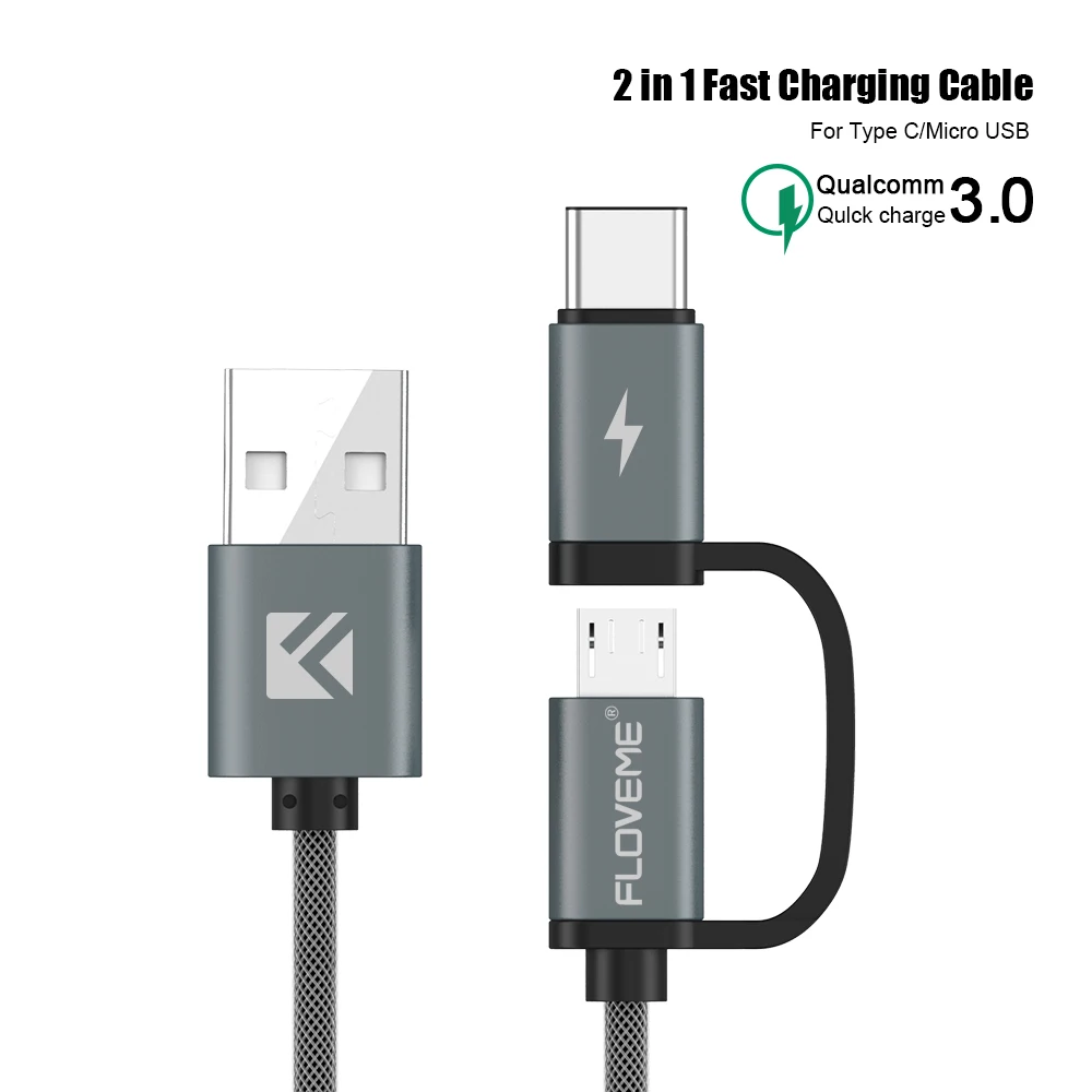 FLOVEME 2 в 1 Mirco USB+ type-C USB кабель в оплетке быстрое зарядное устройство QC 3,0 USB-C кабель для мобильного телефона для Galaxy S8 Xiaomi смартфон