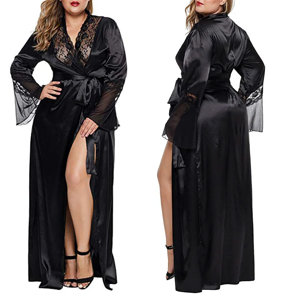 

Womens Long Robe Kimono Satin Gown Lingerie Sexy Dress Plus Size