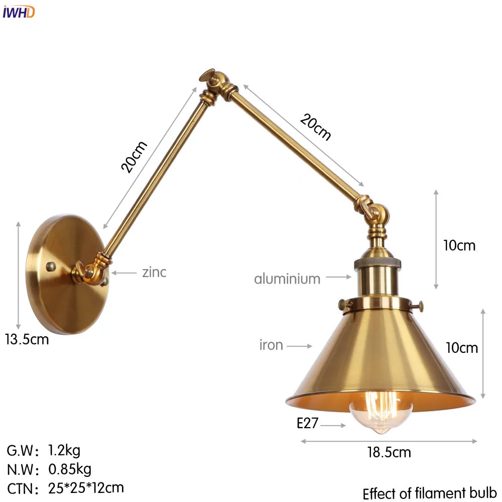 IWHD Loft промышленного ретро настенные светильники Спальня лестницы Edison Стиль домашнего освещения длинные руки Винтаж настенный светильник