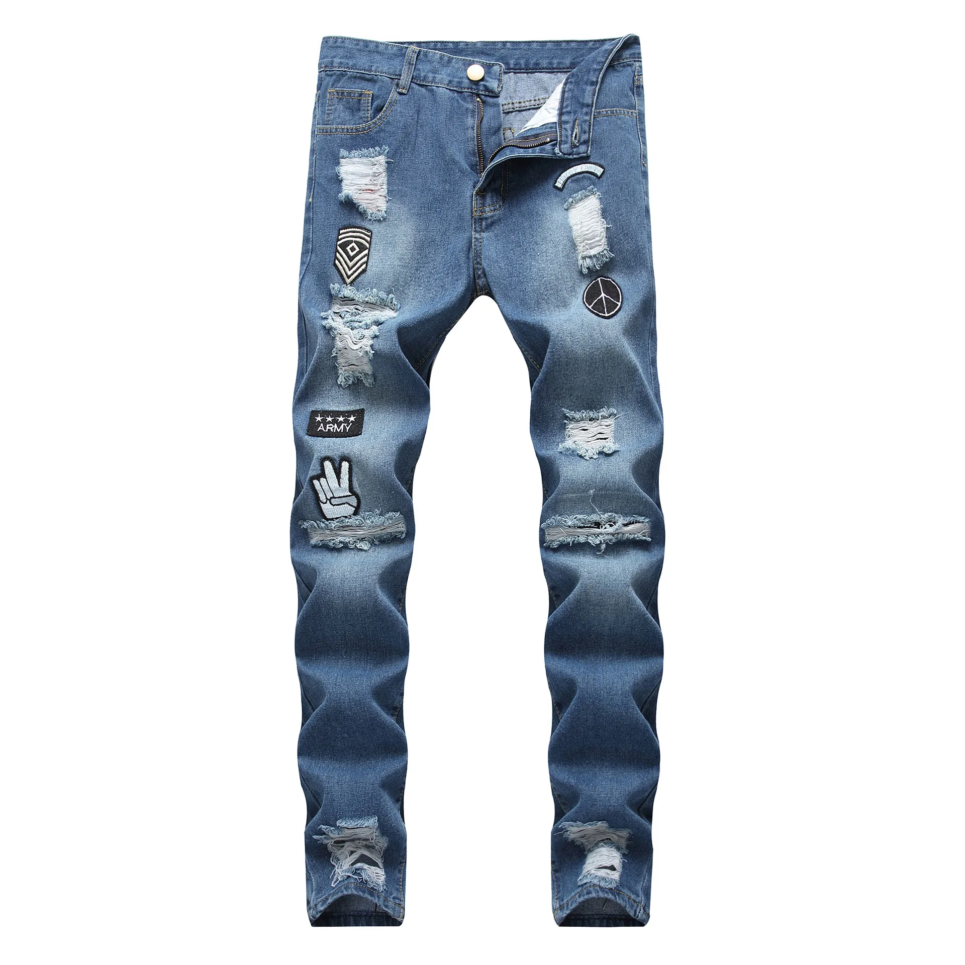 Джинсы в стиле хип-хоп для мужчин курточка бомбер эластичные рваные мультфильм патч тощий отверстие вышитые джинсы для женщин Slim Fit