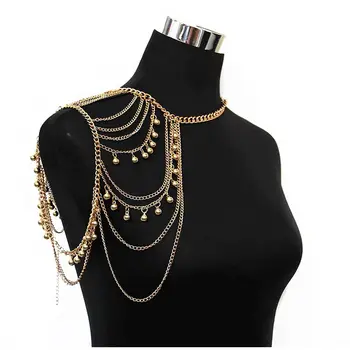 

Gold Tone Harness Multilayer with Bells Necklace Love Rocks Shoulder Drape