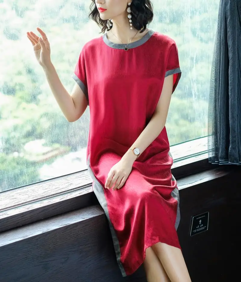 2018 Summer New Style Simple Fashion  Stripes Soft 100% Real Silk Straight Dress Female Casual Loose Short Sleeve Dress