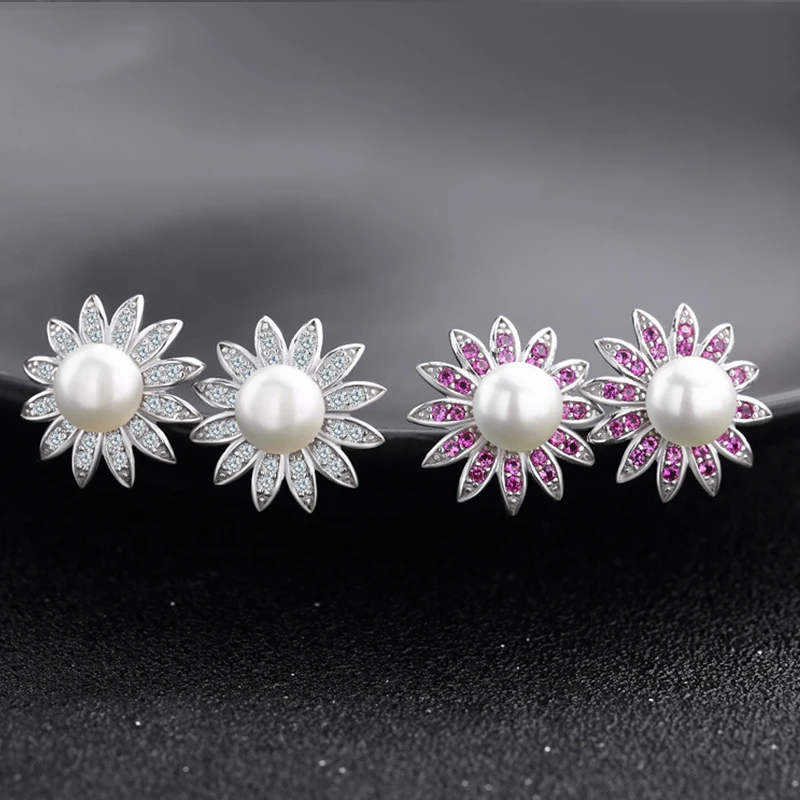 

Hongye Earrings with Natural Pearls Fine Jewelry Real Silver 925 Flower Female Natural Pearls Brincos Designer 2 Color Studs