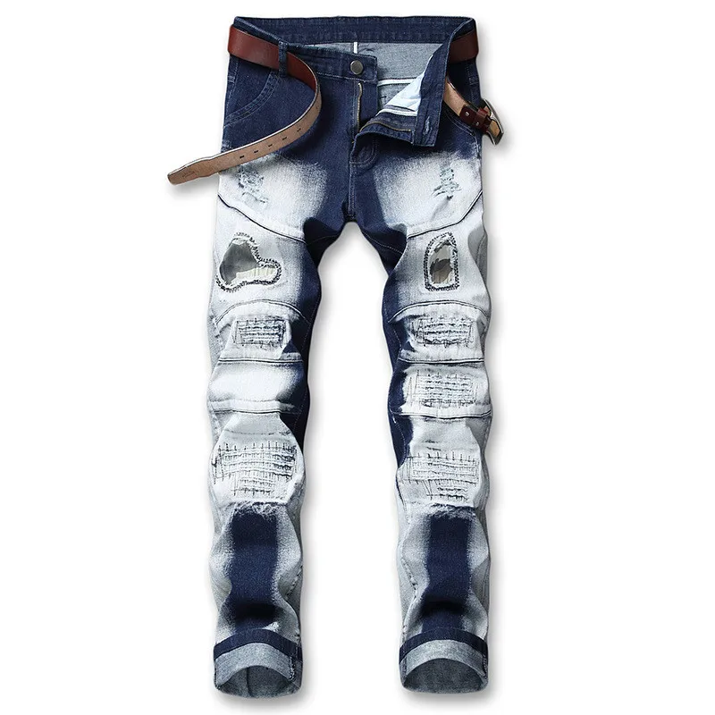 MORUANCLE Men Ripped Patchwork Jeans pants Distressed Patched Denim