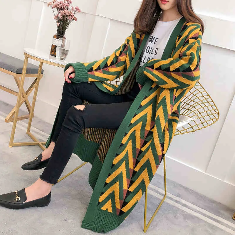 

Autumn Winter New Sweater Coat Female Long Section Lazy Wind Cardigan large Size Wave pattern Loose Thicken Wool Sweater W458