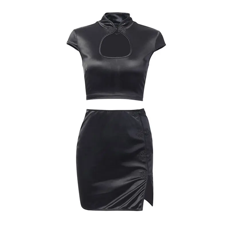 

Summer Sexy Two Piece Set Gothic Fashion Women Sets Hollow Tshirt Cheongsam Bodycon Skirt Mini Elegant Black Party Club Outfits