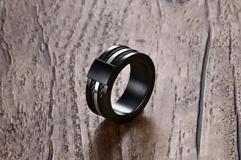 Meaeguet Wire Black Ring For Men 9MM Wide Male Party Stainless Steel Cables Rings Punk Rock Ring Men Jewelry (21)