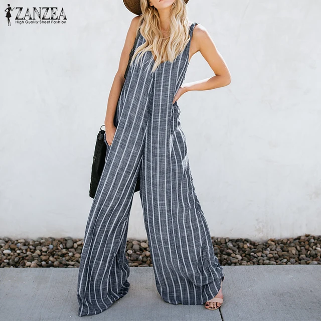 2018 Summer ZANZEA Women Sexy Deep V Neck Striped Jumpsuits Sleeveless Overalls Rompers Casual Loose Work OL Wide Leg Pants 5XL 1