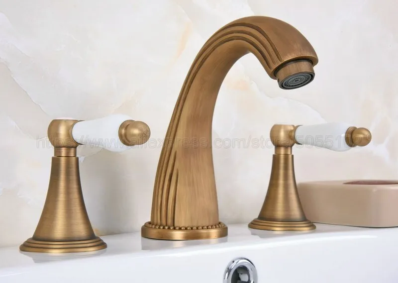 Bathroom Basin Faucet Antique Brass Bathroom Basin Mixer Tap Sink Faucet Double Handles 3 Hole Bathroom Basin Faucet zan091