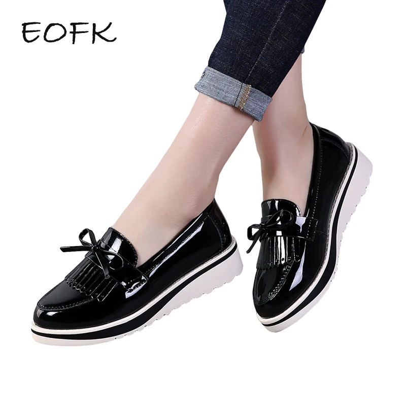 EOFK Flat Shoes Women Autumn Black Patent Leather Slip On Fringe Sweet Woman Casual Loafers Women's Flats platform Shoes