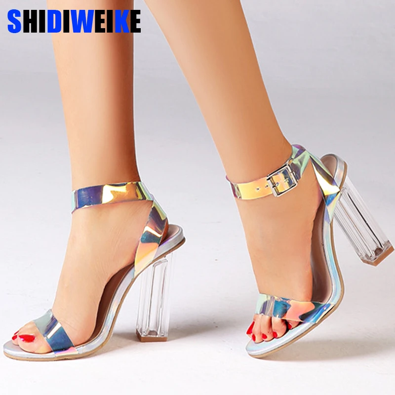 

Perspex Transparent Chunky Heels Sandals Colorful PVC Strappy Sandals Sweet Patchwork Wedding Shoes Banquet Pumps n718