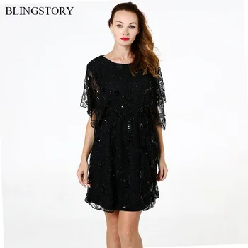 

BLINGSTORY Ladies Sequin Dresses Women Half Sleeve Bead Luxury Black Dress Elegant Evening Party