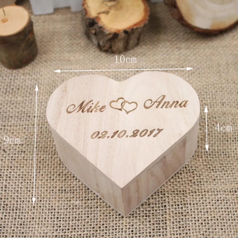 Personalized Gift Rustic Wedding Heart Shape Ring Bearer Box Custom Your Names and Date Engrave Wood Wedding Ring Box 1