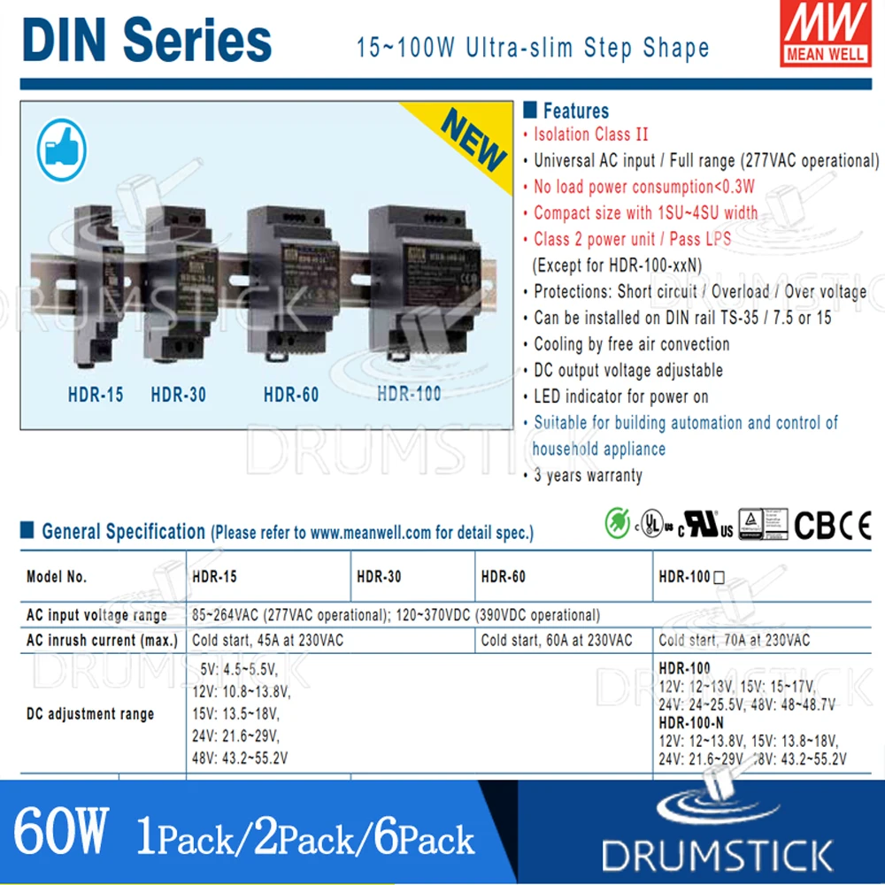 1 упаковка) Meanwell 60 Вт промышленный din-рейку источник питания HDR-60-24V/5/12/15/48 1,25/2.5A 4/4. 5/6. 5A тонкий 91% высокая эффективность DR/MDR