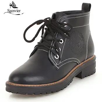 

Sgesvier Winter Fashion Shoes Woman Low Thick Heel Platform PU Leather Ankle Boots Lace up Martin Boots Girls Size 33-43 OX784